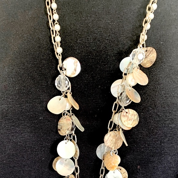 Mother-of-pearl coins & silver tone long metal chain necklace with pearls chain - Picture 3 of 5